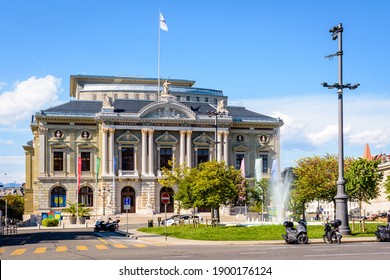 Geneva, Switzerland - September 5, 2020: Facade Of The Grand Theatre, The Main Opera House Of The City Located On The Place De Neuve, Built In A Second Empire Style And Opened In 1879.