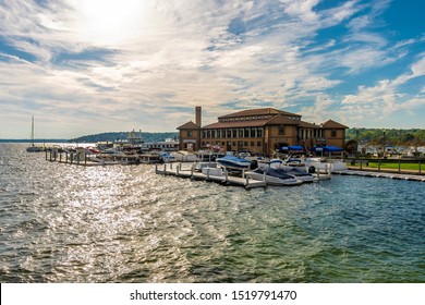 Geneva, USA - September 30, 2019 : Riviera shops and boat house view in Geneva Town of Wisconsin