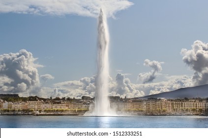 The Geneva Water Fountain, Jet d'Eau, in the city of Geneva. Switzerland landmark.