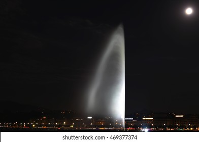 Geneva water jet on Lake Leman full moon