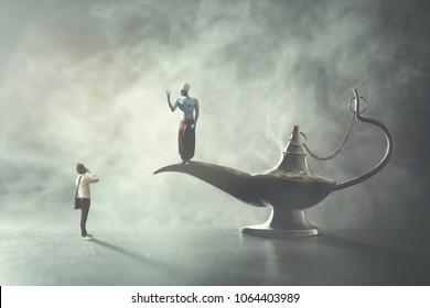 Genie coming out of a wishes lamp