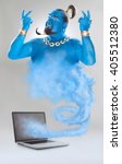 genie of the lamp with smoke from laptop isolated on grey