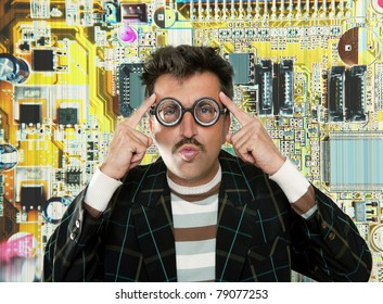 Genius Nerd Electronic Engineer Tech Man Thinking Gesture Electronics Motherboard Chip Background [Photo Illustration]