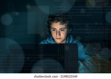 Genius programmer. Young nerdy computer developer looking data. Software network interface concept