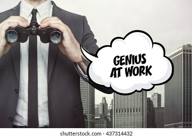 Genius at work text on speech bubble with businessman holding binoculars