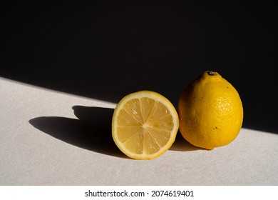 Gennevilliers, France - 11 03 2021: still life. Studio shot of yellow lemon in natural sun light
