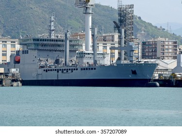 GENOA, ITALY - APRIL 16, 2011: The Vessel Shakti, Tanker Ship Ordered By The Navy Of India Under Construction In The Shipyard Fincantieri Of Genoa Sestri Ponente. 
