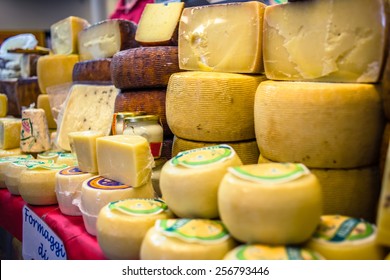 GENOA, ITALY - FEBRUARY 15, 2015: Different Sorts Of Cheese Are Displayed As Part Of The Cibio, The Annual Fair Specialized On Good Quality Italian Food