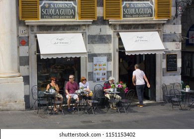 Genoa, Italy - Jule 25, 2018: Street Cafe In Old Town In Genoa