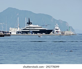 Genoa, Italy - July 2, 2015: Steven Spielberg Yacht, The Seven Seas, Is Located In The Shipyards. 