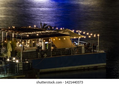 Genoa, Italy -  June 5 2019: Genoa By Night (details Of Restaurant By The Sea )