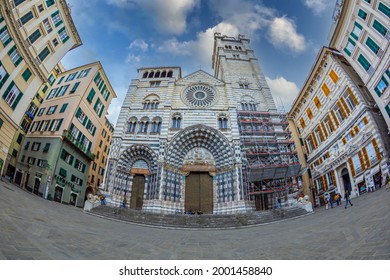 GENOA, ITALY - MARCH 20, 2021: Duomo Di Genova Or Cattedrale Di San Lorenzo, A Roman Catholic Cathedral. Was Consecrated By Pope Gelasius II In 1118 And Was Built Between The XII And XIV Century. 