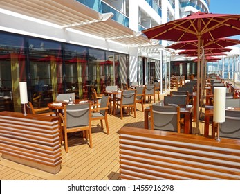 GENOA, ITALY - May 28, 2017: Outdoor Seating Area Of A Restaurant On Cruise Ship AIDAperla