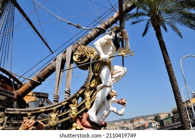 Genoa Old Port. Bow Of Galleon Neptune, Old Wooden Ship. Pirate Ship In Genoa Port, Faithful Reconstruction Of A Spanish Galleon. Tourist Attraction. Porto Antico, Liguria, Italy.