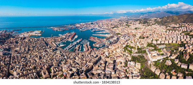 Genoa port aerial panoramic view. Genoa or Genova is the capital of Liguria region in Italy.