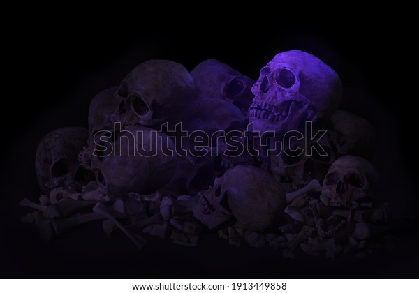 Genocide, Pile of Skulls in Black\
background which has dim light, Still life and art\
image