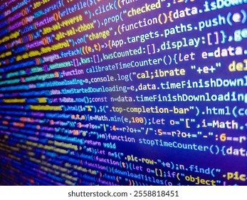 Genome sequencing. Assembly programming language code. Programming software code on computer screen which develop by the programmer to solve the business requirement. Code background. Blue php.
