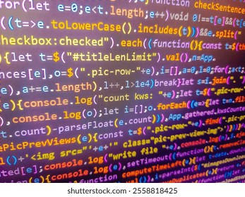 Genome sequencing. Backend code can be used as background. Shallow depth of field. Pink unique background. Source code programming concept. Hacker monitor program. Computer science lesson.