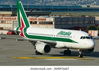 GENOVA, ITALY - Jan 19, 2020: The Airbus A319 EI-IMP registration of Alitalia at Genoa Airport