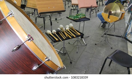 GENOVA/ITALY - 22 APRIL 2018: 
Large Drum And Various Percussions For Classical Music Orchestra At Mazzini Gallery