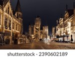 Gent, Belgium. The historic center of Ghent, embankment Graslei at night. Former center of the medieval harbor. Flanders.