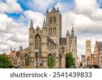 Gent cityscape with St. Nicholas church, Belfort tower and St. Bavo cathedral, Belgium