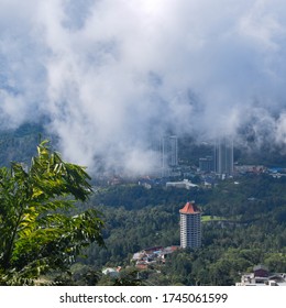 Genting Highlands Is A Popular Tourist Attraction In Kuala Lumpur, Malaysia. An Ariel View Of Genting Highlands From The Cable Car. Cloudy, Moody Green Look Of Genting Highlands, Malaysia