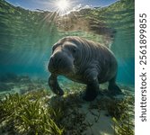 A gentle manatee glides through clear, shallow waters, grazing peacefully on a lush bed of seagrass. Sunlight filters through the surface, illuminating the aquatic scene with a serene, golden glow.