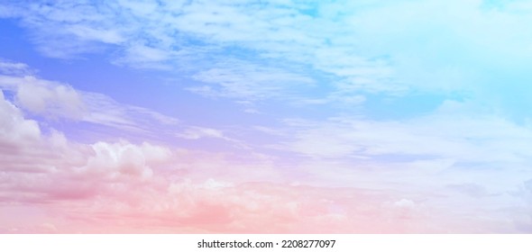 Gentle Pastel Rainbow Gradient  Of Blue, Yellow, Pink, Orange And Light Green  Blend Softly And Subtle On The Atmospheric Background Of The Natural Sky.  With A Beautiful Mist With A Faint White Cloud