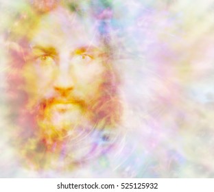 Gentle Spirit - ethereal golden light forming the face of a gentle spirit on a pastel colored energy field background with copy space on right 