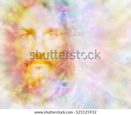 Gentle Spirit - ethereal golden light forming the face of a gentle spirit on a pastel colored energy field background with copy space on right 