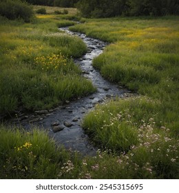 Gentle Stream: A narrow, shallow creek flows quietly through the woods, its clear water softly bubbling over smooth stones. - Powered by Shutterstock