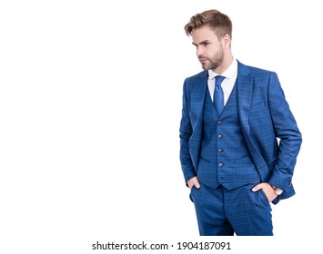 Gentlemens outfitters style for dapper gents. Manager in navy suit isolated on white. Gentlemens tailor. Formal wear. Fashion menswear. Formalwear. Trendy wardrobe. Mens dress style, copy space.