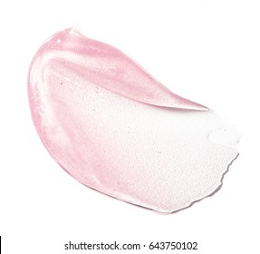 Gently Pink Makeup Smear Of Lip Gloss Isolated On White Background. Pale Pink Lipstick Texture Isolated On White Background