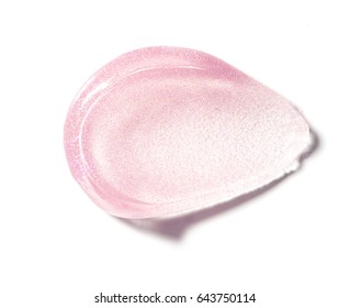 Gently Pink Makeup Smear Of Lip Gloss Isolated On White Background. Pale Pink Lipstick Texture Isolated On White Background