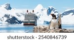 Gentoo Penguin Breeding on Nest with Newborn Chick. Blurred Cruise Ship in the Bay Surrounded by Snow-Capped Mountains, Petermann Island, Antarctica.