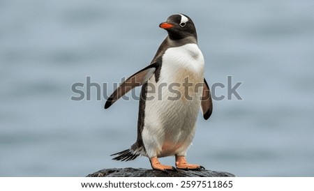 Gentoo Penguin Standing on a Rock Near the Ocean