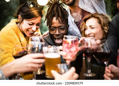 Genuine Friends Celebrating A Birthday Of African American Guy While At Home - Group Of Young People Having Fun Together At Pub On Happy Hour 