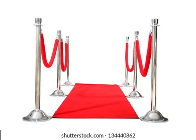 Genuine Hollywood Red Carpet with Red Velvet Ropes and Silver Stanchions, isolated on white with room for your text - Shutterstock ID 134440862