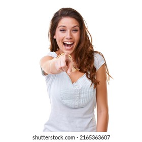 Genuine laughter. A gorgeous young woman laughing and pointing at the camera. - Shutterstock ID 2165363607