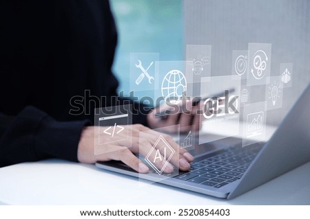 GEO Concept. Generative Engine Optimization for Online Marketing Strategy, Hands typing on laptop with icons representing AI, coding, modern online marketing, and advertising strategies. AI search,