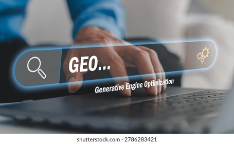 GEO Generative Engine Optimization, Close-up of businessman hand typing on laptop keyboard with search bar, Concept of AI SEO, digital marketing strategy and modern online search technology network