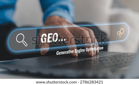 GEO Generative Engine Optimization, Close-up of businessman hand typing on laptop keyboard with search bar, Concept of AI SEO, digital marketing strategy and modern online search technology network