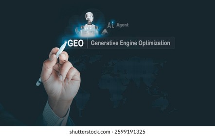 GEO generative engine optimization concept. Businessmen use agentic Ai, icons on websites to rank search engines, Search with assistants Artificial Intelligence data technology from internet network