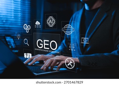 GEO Generative Engine Optimization Concept. Professional using laptop with AI icons represents advanced SEO tech, AI search, website strategy, answer content automation, data driven digital marketing,