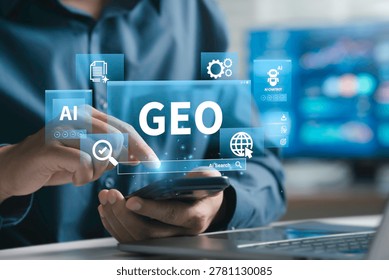 GEO Generative Engine Optimization Concept for AI Search, Generative AI, digital marketing strategy, and the future of search engine technology with AI chat bots.