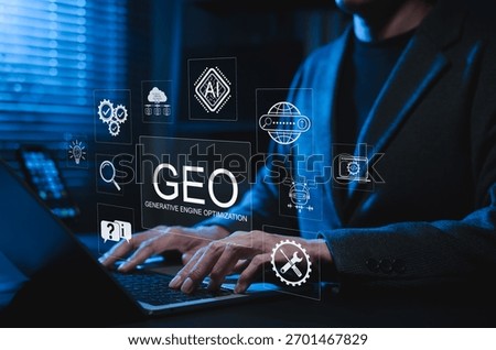 GEO Generative Engine Optimization Concept. Professional using laptop with AI icons represents advanced SEO tech, AI search, website strategy, answer content automation, data driven digital marketing,