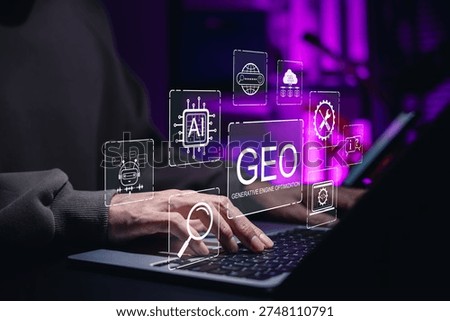 GEO Generative Engine Optimization Concept. Professional using laptop with AI icons represents advanced SEO tech, AI search, website strategy, answer content automation, data driven digital marketing,
