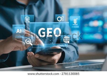 GEO Generative Engine Optimization Concept for AI Search, Generative AI, digital marketing strategy, and the future of search engine technology with AI chat bots.