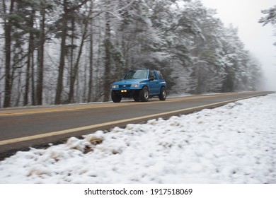 Geo Tracker On Highway 16, North Of Dover, Arkansas After A Snowfall. Shot On Feb. 7, 2021.